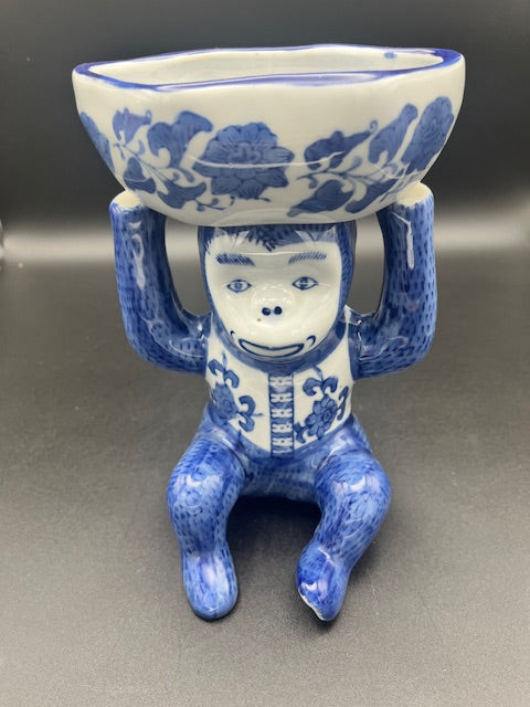 Blue and White Chinoiserie Monkey Holding Bowl