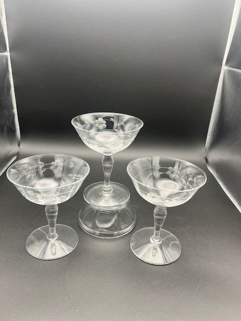 VINTAGE Mid to Early Century Floral Etched Compote Glasses - Set of 12 - Rare Find!